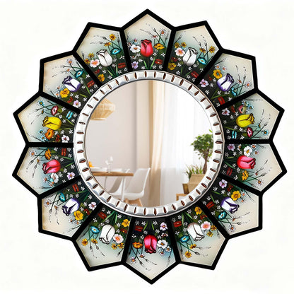 WTVLAX Sunburst Mirror Design Featuring Moroccan Style,2D Pattern 11.8inch Home Decorative Mirror for Living Room Bedroom Entryway The Pattern is Printed (Tulip+Sunburst)