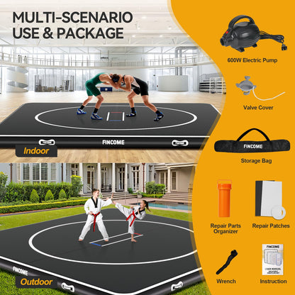 FINCOME Inflatable Wrestling Mat 16ft/13ft/10ft, 4" Thick Foldable Jiu Jitsu Mats Wrestling Mats for Home Outdoor Indoor, Waterproof PVC Mat for Gymnastics, BJJ, MMA, Grappling, Judo, Boxing