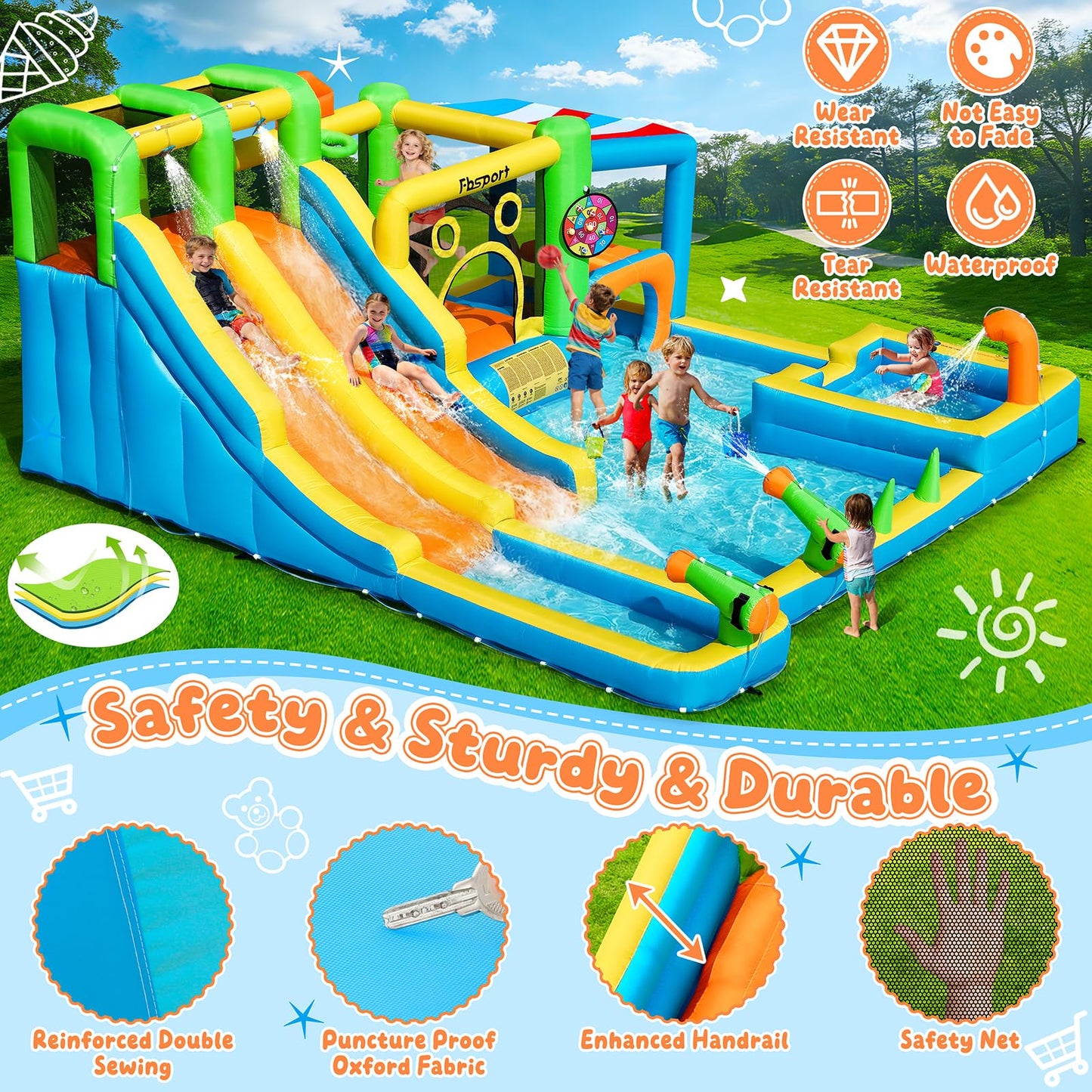 FBSPORT Inflatable Bounce House Double Water Slide,11 in 1 Inflatable Water Slide Park with 680W Blower, Splash Pool, Climbing Wall, Bouncy Castle for Indoor Outdoor Backyard