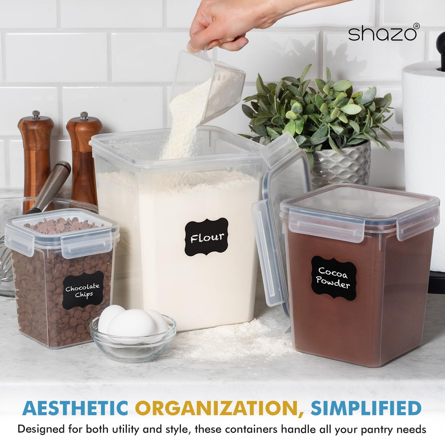 Shazo Flour Sugar Storage Containers Set of 3 (6L, 2.9L, 1.1L) Large Airtight Food Storage Containers with Lids, BPA-Free Plastic Container for Kitchen & Pantry Organizers, Cereal, Rice & Pasta