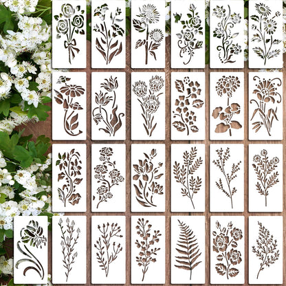 25Pcs Wildflower Stencils Flower Leaf Painting Stencils Botanical Flower Stencils Tiny Vine Leaf Plastic Art Drawing Templates DIY Crafts Plant Stencil for Painting on Wood Wall Door Canvas 3x6inch