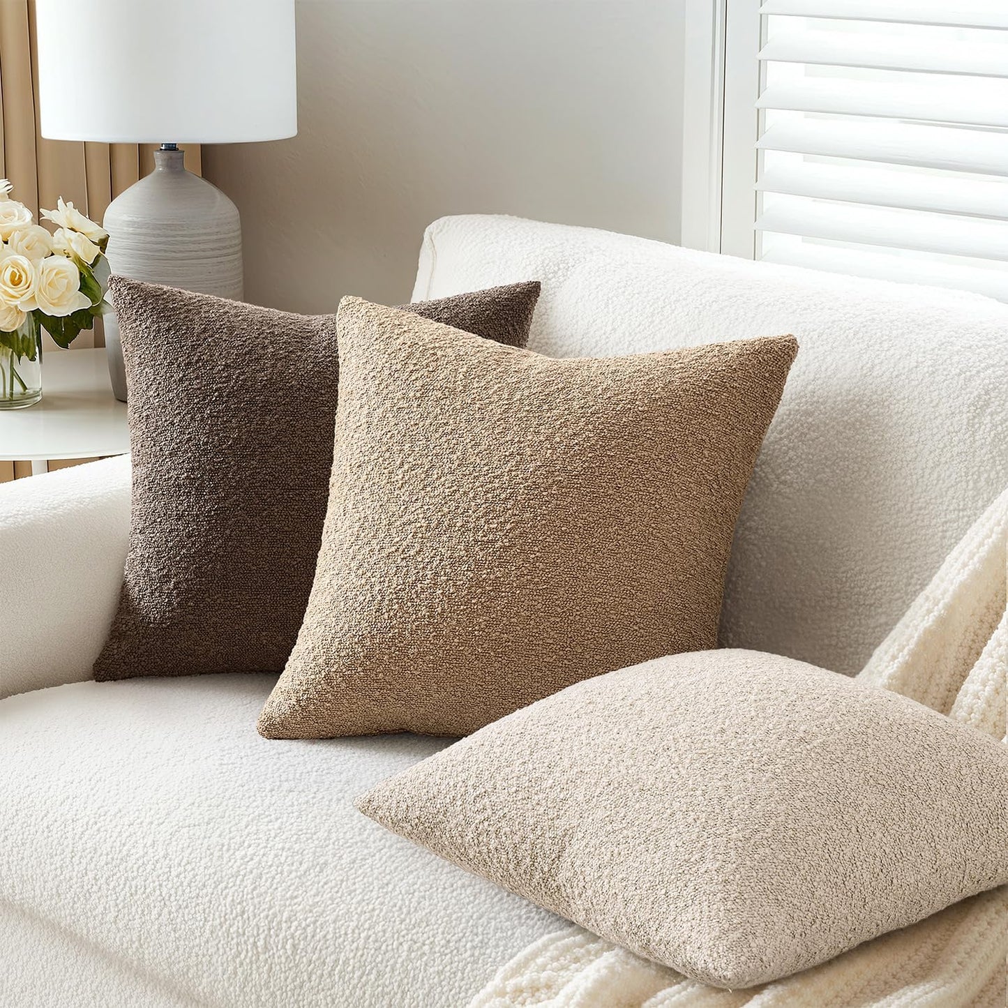 Pack 2 Cozy 24 24 Inch ANRODUO of Textured Boucle Throw Pillow Covers Soft Beige Euro Decorative Accent Solid Pillow