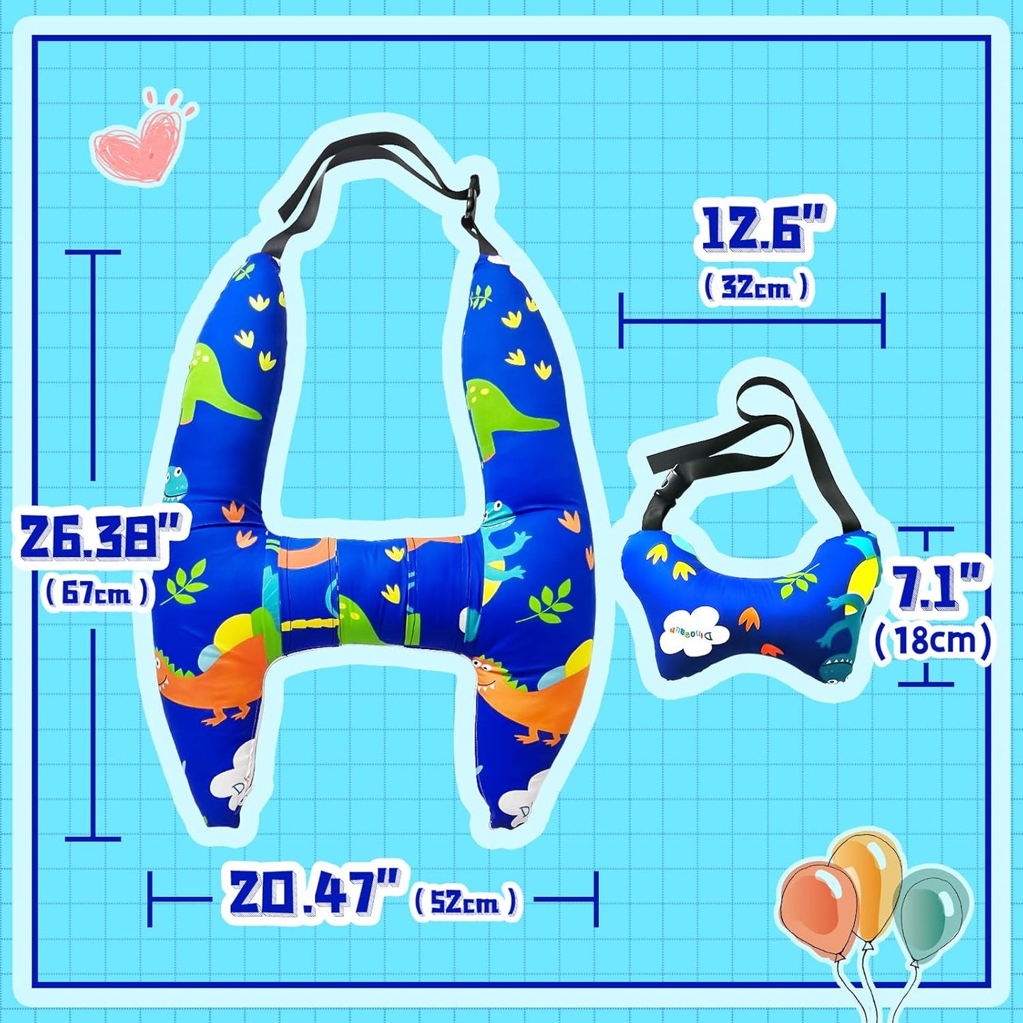 Ivtivfu H-Shape Car Seat Pillow for Kids (Blue Dinosaur), Kids Car Pillows for Sleeping, Child Car Sleeping Head