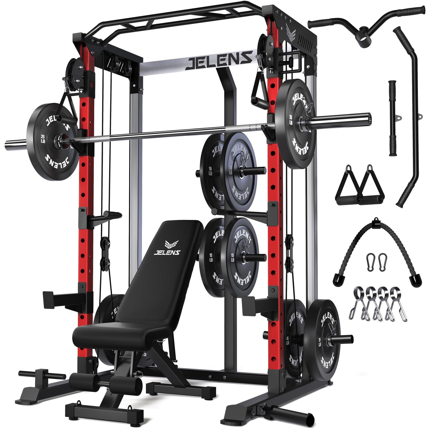 JELENS C21 Power Cage, 2000LBS Multi-Function Power Rack with Independent Dual Pulley System, All-in-One Squat Rack for Cable Crossover, Home Gym Workout Machine (Red, 260LBS Black)
