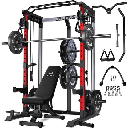 JELENS C21 Power Cage, 2000LBS Multi-Function Power Rack with Independent Dual Pulley System, All-in-One Squat Rack for Cable Crossover, Home Gym Workout Machine (Red, 260LBS Black)