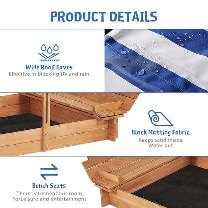 Kids Sandbox with Adjustable Canopy & 2 Foldable Seats, 46'' Wooden Sand Box with Cover, Outdoor Sandpit for Backyard Play