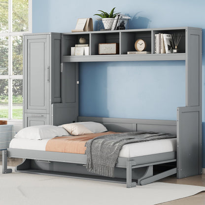 Ball & Cast Full Size Murphy Bed with Closet and 2 Drawers,Hidden Wall Bed with Storage Shelves,Multifunctional Foldable Platform Bed Frame for Samll Space,Bedroom,Guest Room,Easy Assembly,Gray