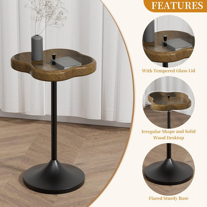 Aoligrace Small Side Table, Solid Wood End Table with Tempered Glass Top, Unique Drink Pedestal Table with Storage