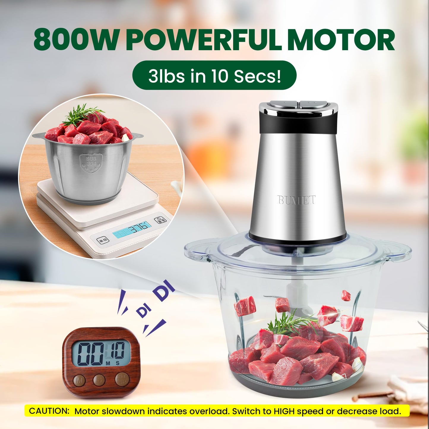BUMET 2X12-cup bowls 800W Electric Food Processor with LED timer. 3-Tiered 6 Cutting Edges blade for mincing, chopping, Ideal as meat grinder, fresh vegetables chopper, pet food process in kitchen.