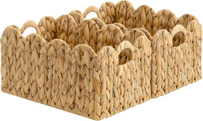 13"L 8"W 7"H StorageWorks Scalloped Water Hyacinth Baskets, Hand-woven Rattan Baskets with Built-in Handles, Cute Baby