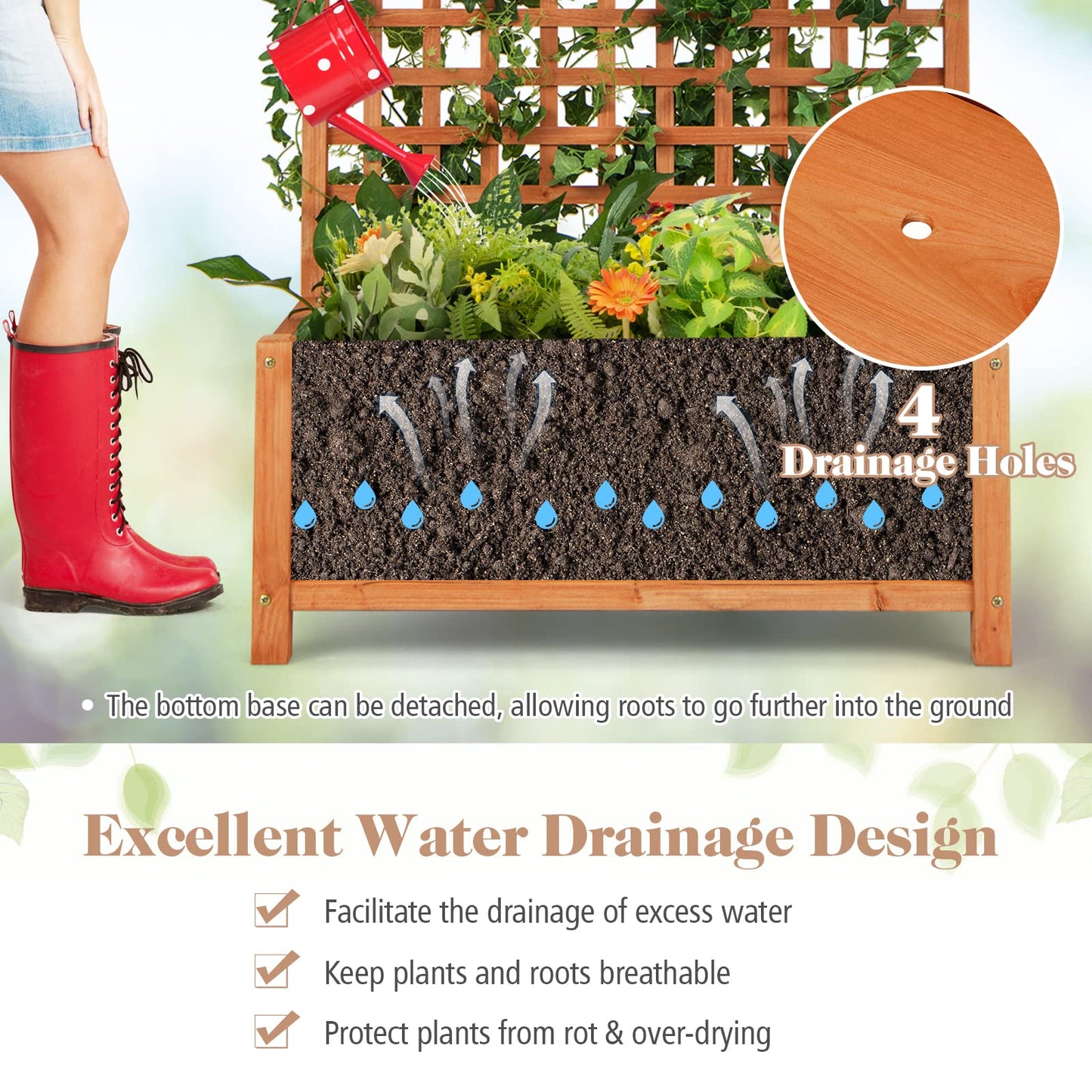 CHEFJOY Wooden Planter Box with Trellis, 72.5” Freestanding Garden Planter w/Hanging Roof, 4 Drainage Holes & Lattice Panel, Raised Garden Bed with Trellis for Vine Climbing Plants Flowers (2)