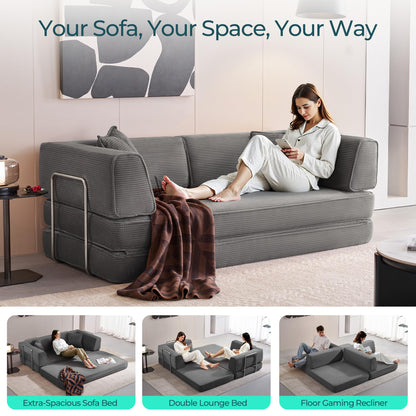 LINSY Home 79" Convertible Sofa Bed, 4-in-1 Corduroy Boneless Couches for Living Room, Folding Queen Size Futon, Floor Mattress Loveseat Sofa Bedroom Apartment Lounge, 2 Pillows, Grey
