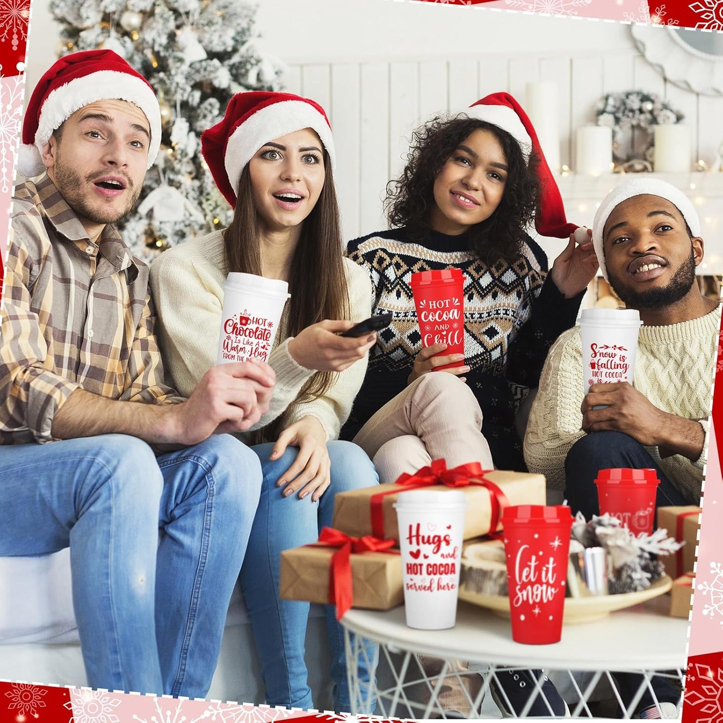 16 oz Tioncy Winter Mugs Gift Bulk Hot Cocoa Chocolate Bar Supplies Reusable Coffee Cups with Lids Plastic Cups Travel