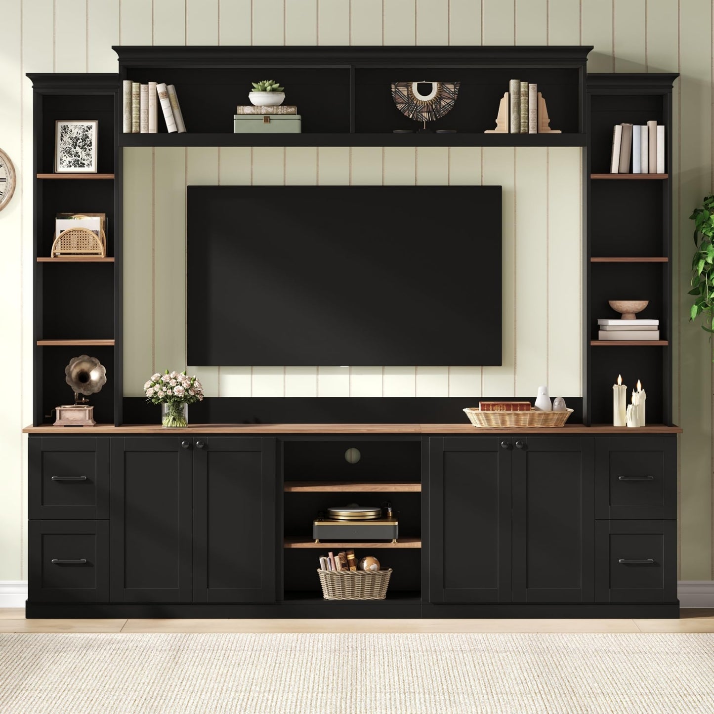 Merax 4-in-1 Wall Unit Entertainment Center with Bookshelf for TVs Up to 70", Farmhouse Large TV Stand with Walnut Adjustable Shelves, Elegant Retro Media Console with Drawers for Living Room, Black