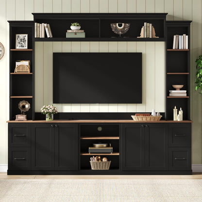 Ball & Cast 94.8" Entertainment Center Wall Unit with Bookshelf for TVs Up to 70",Farmhouse Large TV Stand with Walnut Adjustable Shelves,Retro Media Console with 4 Drawers for Living Room,Black