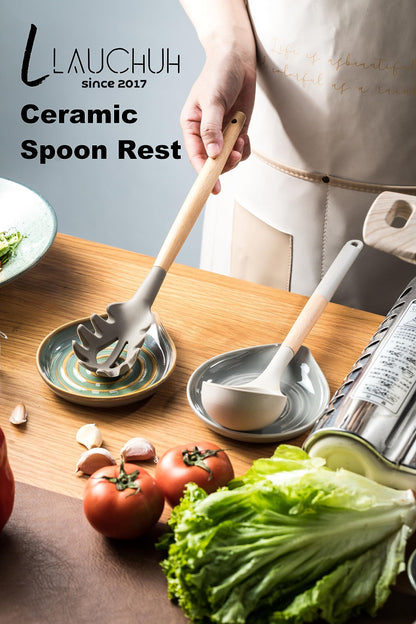 LAUCHUH Spoon Rest for Kitchen Counter,5" Spoon Holder for Kitchen Counter Stove Top Ceramic Spatula Holder for Mother's Day, Ladle, Spatula, Spoons or Tongs, Unique Green