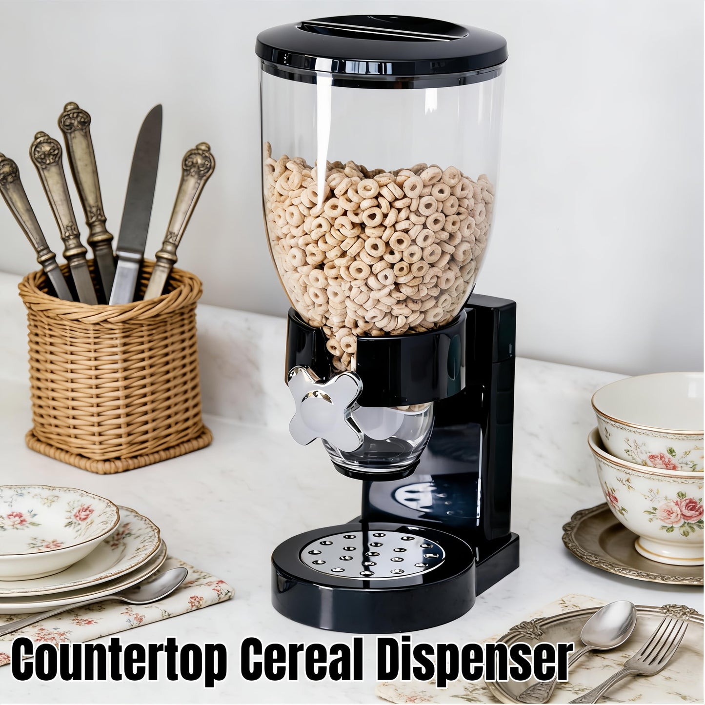 FindXeink Cereal Dispenser, Single Compartment Dry Food Storage Container, Airtight Grain Dispenser for Oatmeal, Snacks, Candy, Nuts, Pet Food, Countertop Dispenser with Rotating Portion Control