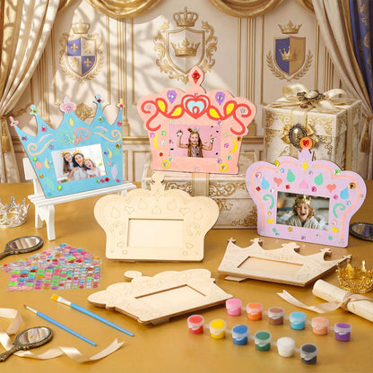 Blueweenly 12 Pcs DIY Picture Frame Painting Craft Kits for Kids Wooden Crown Princess Party Favors Paint and DIY Your Own Frame with 88 Cell Rhinestone Stickers 12 Color Paint Girl Birthday (Square)