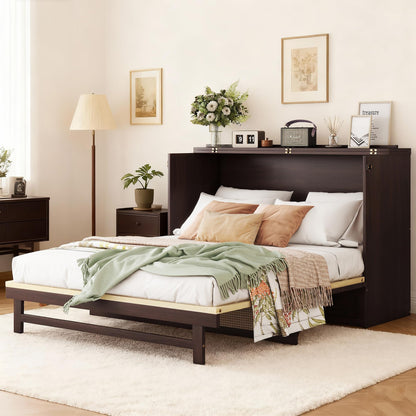 DNYN Queen Size Murphy Bed Frame with Storage Drawer for Bedroom/Guest/Study Room, Space-Saving Foldable Bed with Rattan Decoration, No Box Spring Needed & Easy Assemble
