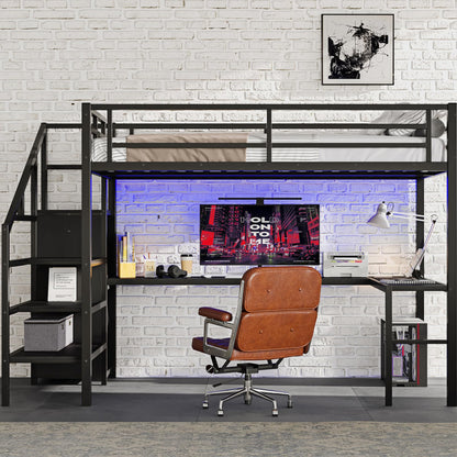 Bellemave Queen Loft Bed with Desk & Wardrobe, Heavy Duty Metal Loft Beds Frame with Storage Stairs, LED Loft Bed Queen Size with Charging Station & Safety Guardrails, No Box Spring Needed, Black