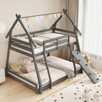 KOTEK Twin Over Queen Bunk Bed, House Bunk Beds with Climbing Nets and Ramp, No Box Spring Needed, Solid Wood Low Bunk Bed Frame for Kids Boys Girls (Grey)