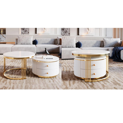 Merax 27.6'' Round Nesting Coffee Table, Modern with 2 Large Drawers Storage, Gold Finish End Tables for Living Room Apartment, Gold+White