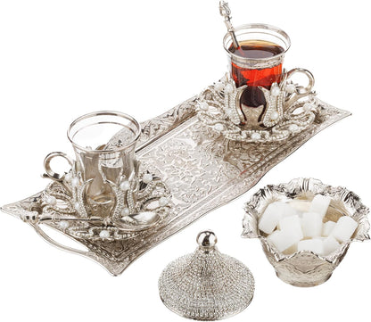 DEMMEX Set 2 2 3.3 oz 12" 5" Turkish Tea and Coffee Serving for Includes Glasses, Metal Glass Holders, Saucers, Spoons