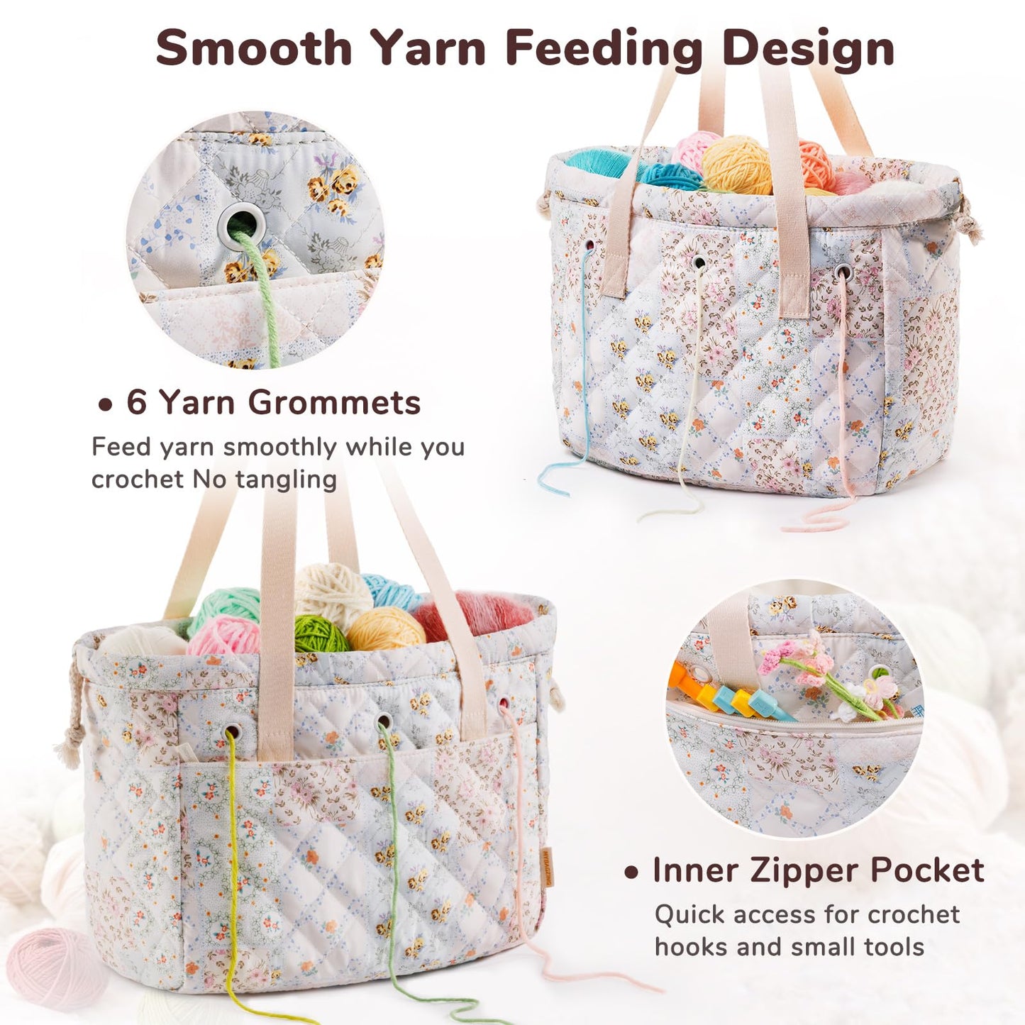 MYBAGZING Portable Crochet Bag Organizer with Crochet Hook Organizer Roll, Quilted Yarn Storage Tote with Grommets, Knitting Project Bag for Yarn & Accessories, Floral Craft Tote Gift for Crocheters