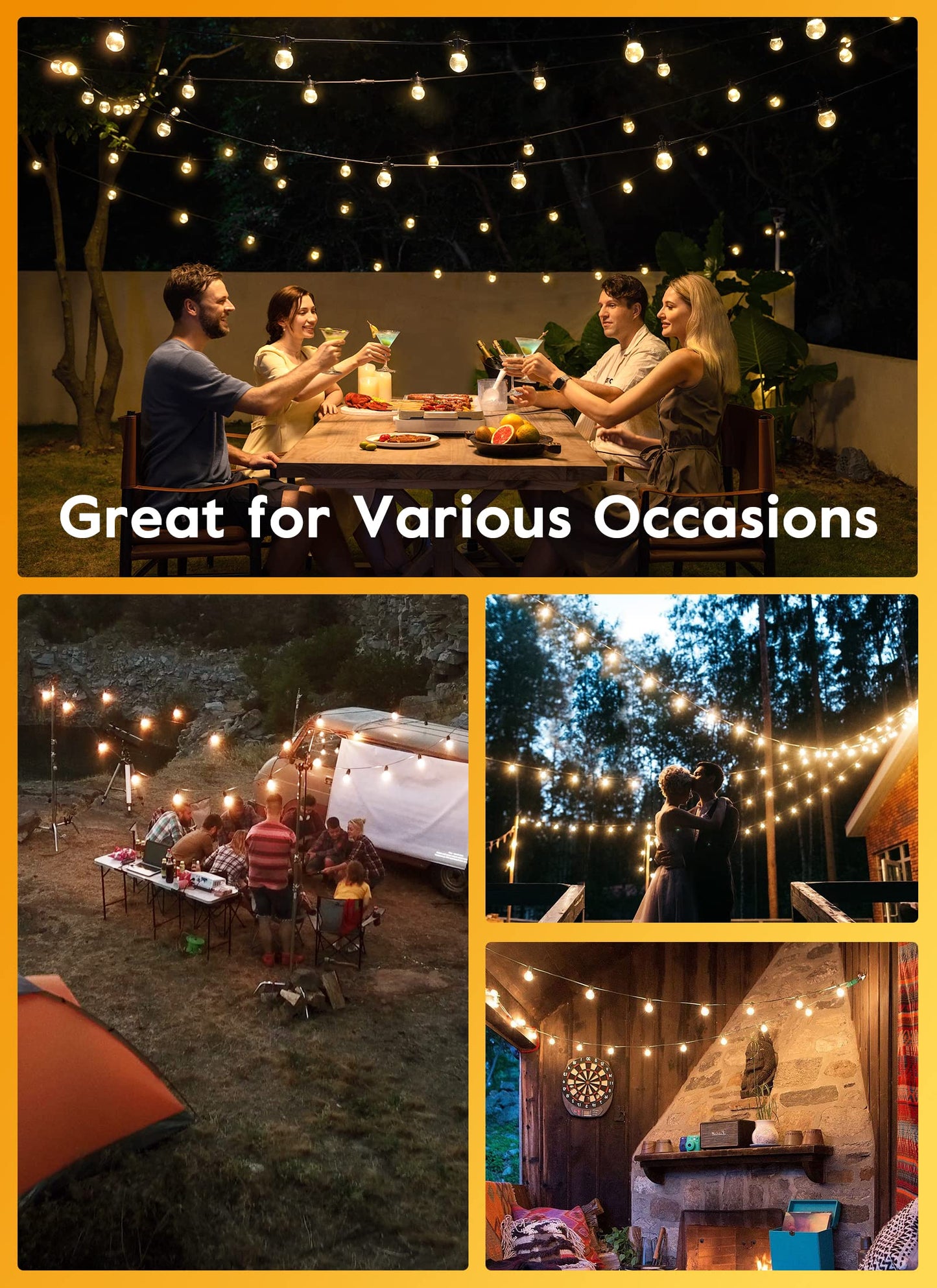 Outdoor String Lights with Remote and Zip Ties, 58Ft Dimmable Patio Lights with 25 Bulbs, Waterproof Hanging Lights for Porch Backyard Bistro Cafe Market