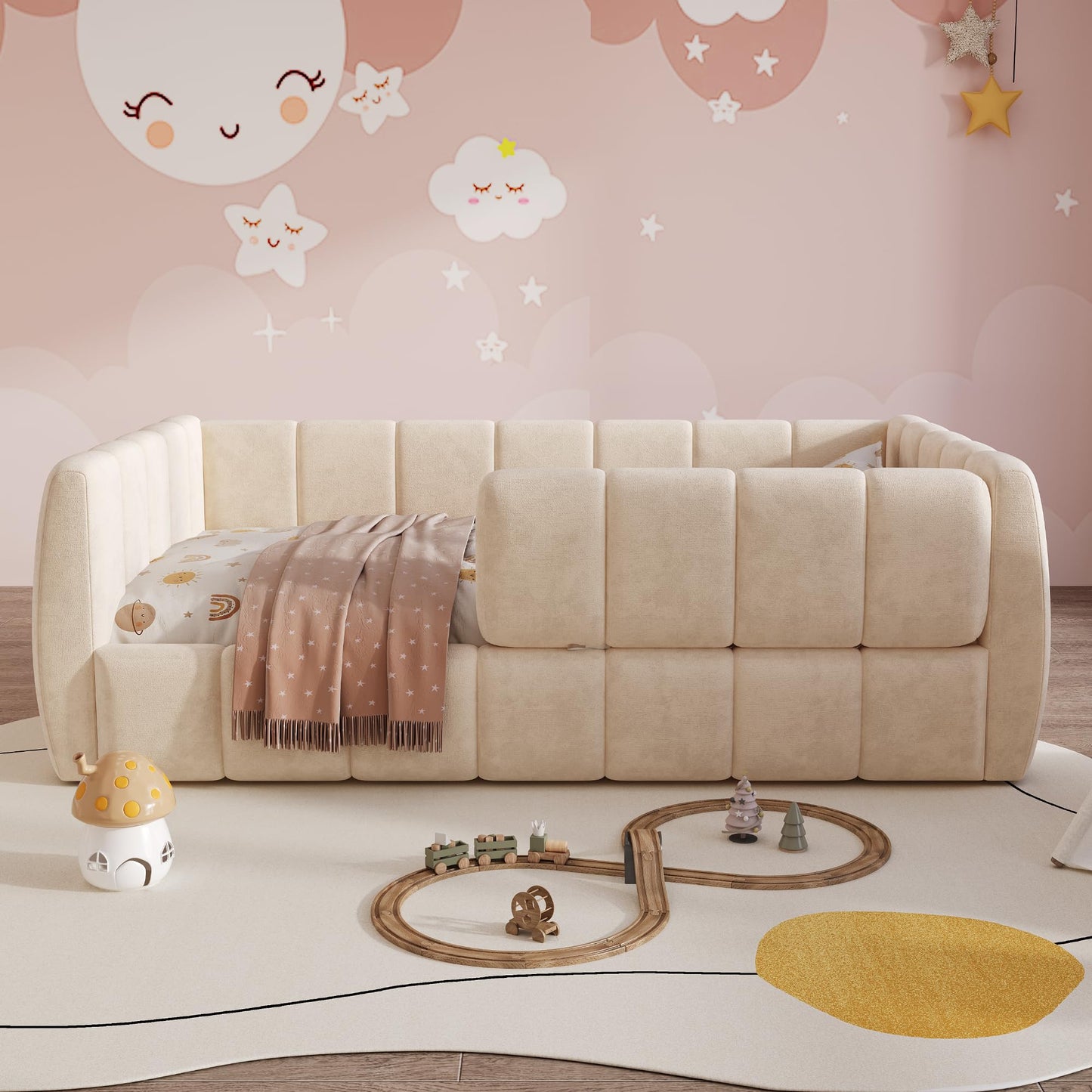 Merax Upholstered Floor Daybed with Removable Guardrails, Compatible with Standard US mattresses, Safety Bed with High Headboard & Footboard, Beige