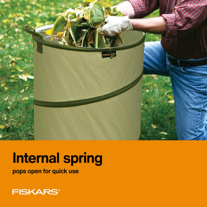 Fiskars Kangaroo Collapsible Spring Up Garden Bag for Yard Waste, Grass, Branches & Weeds, Tear & Mildew Resistant Vinyl-Coated Polyester, Folds Flat to 3 Inches for Space-Saving Storage, 30 Gallon