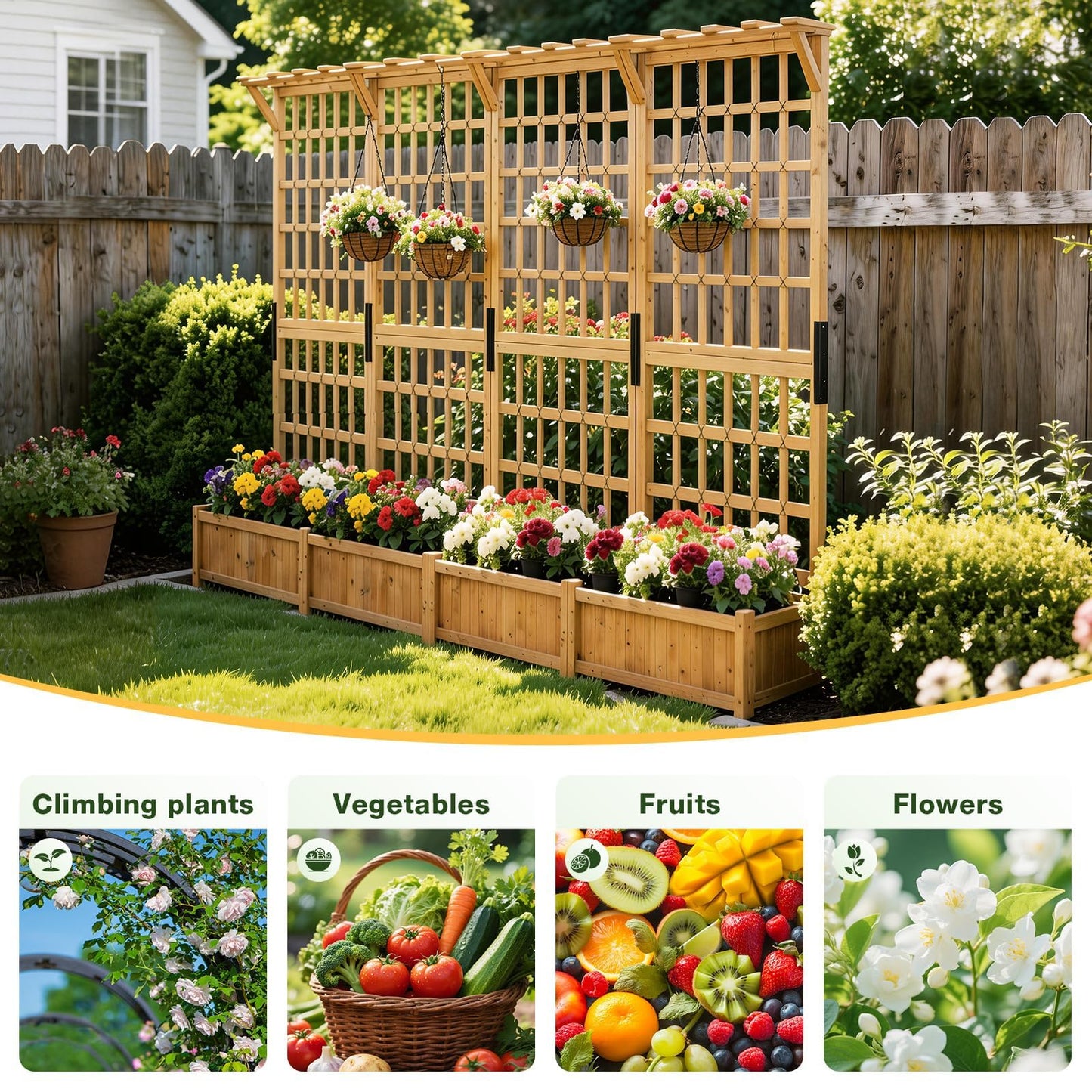 Aoxun 108" Raised Garden Bed with Trellis, Wood Planter Container with Hanging Roof & Garden Boxes for Climbing Plants Flowers Vine (3 piece)