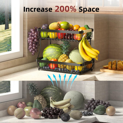Sevenblue 2 Tier Large Fruit Basket for Kitchen Counter with 2 Mobile Banana Hangers, 2026 Pro Detachable Metal Fruit Bowl with Wooden Handle, Fruit Holder for Bread Snack Veggies with Protective Mats