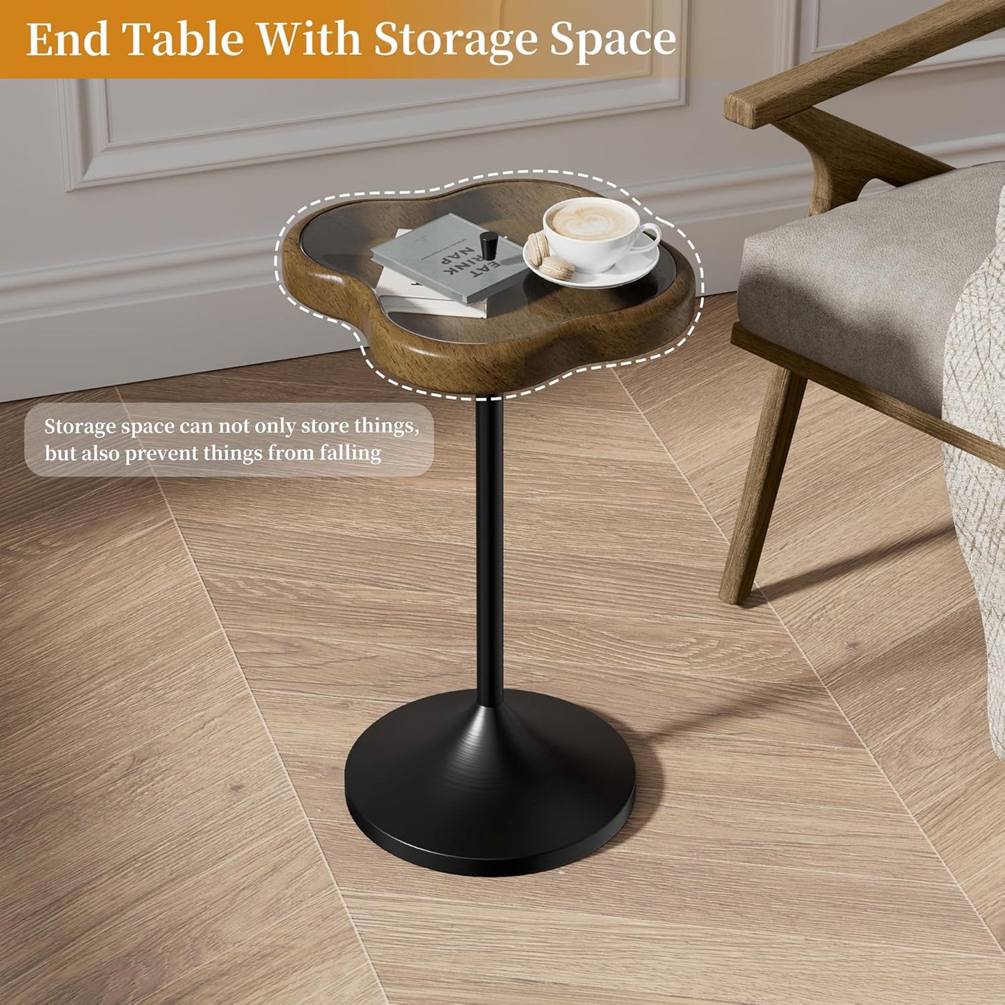 Aoligrace Small Side Table, Solid Wood End Table with Tempered Glass Top, Unique Drink Pedestal Table with Storage