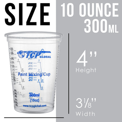 TCP Global 10 oz. (300ml) Graduated Plastic Mixing Cups - Box of 50 with 50 Mixing Sticks - Disposable Plastic Measuring Cups for Liquids, Paints, Resin, Epoxy, Art, Kitchen - Ratios 2-1, 3-1, 4-1 ML