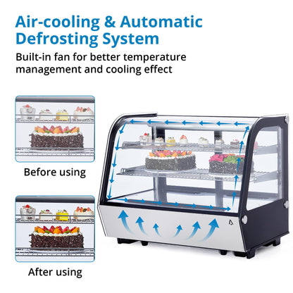 Display Refrigerator, 4.2 cu. ft. 160 Liter Commercial Cake Display Refrigerator with LED Lights, Air Cooling and Auto Defrost, Countertop Refrigerator for Bakeries, Cafes and Restaurants, Black