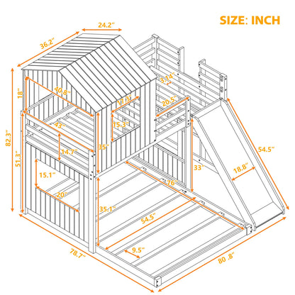 Twin Over Full Bunk Bed Frames with Slide, Safety Guardrails and Ladder for Teens, Girl or Boys, House Shape, Gray