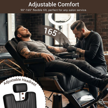 Baasha Vintage Black Reclining Barber Chair, Professional Salon Seat with Thick Padded Cushion and Removable Headrest, Ideal for Braiding and Styling Services