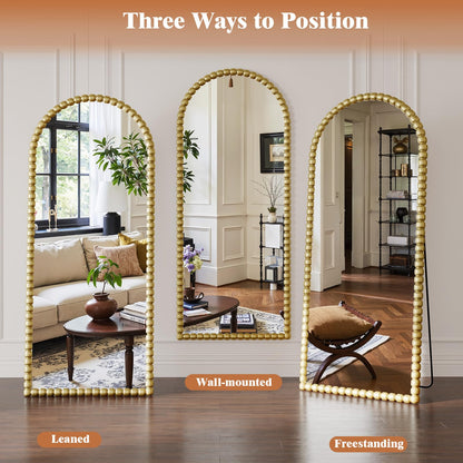 FlyEcho Arched Full Length Mirror, 71"x28" Antique Beaded Full Body Mirrors, Large Floor Mirror with Stand, Hanging Mounted for Bedroom Living Room Cloakroom Hallway Decor, PU Frame, Gold