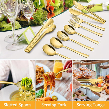 LIANYU Gold Serving Utensils Set of 8, Stainless Steel Serving Spoons, Slotted Spoons, Serving Forks, Metal Tongs for