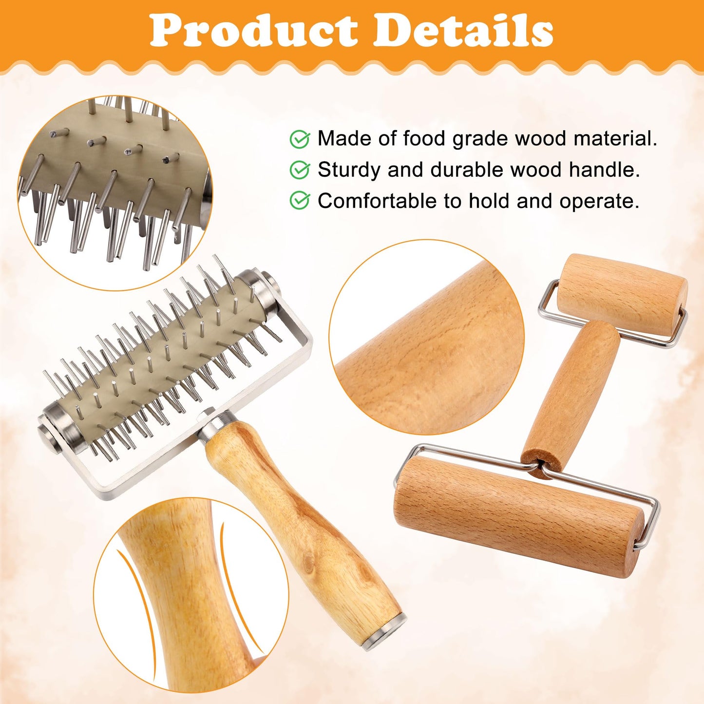WarmHut 2Pcs Pizza Dough Roller & Dough Docker, Wood Rolling Pin Stainless Steel Dough Hole Puncher for Pizza, Pie, Pastry, Bread, Pasta, Cookie, Crust, burlywood, JKUS20407