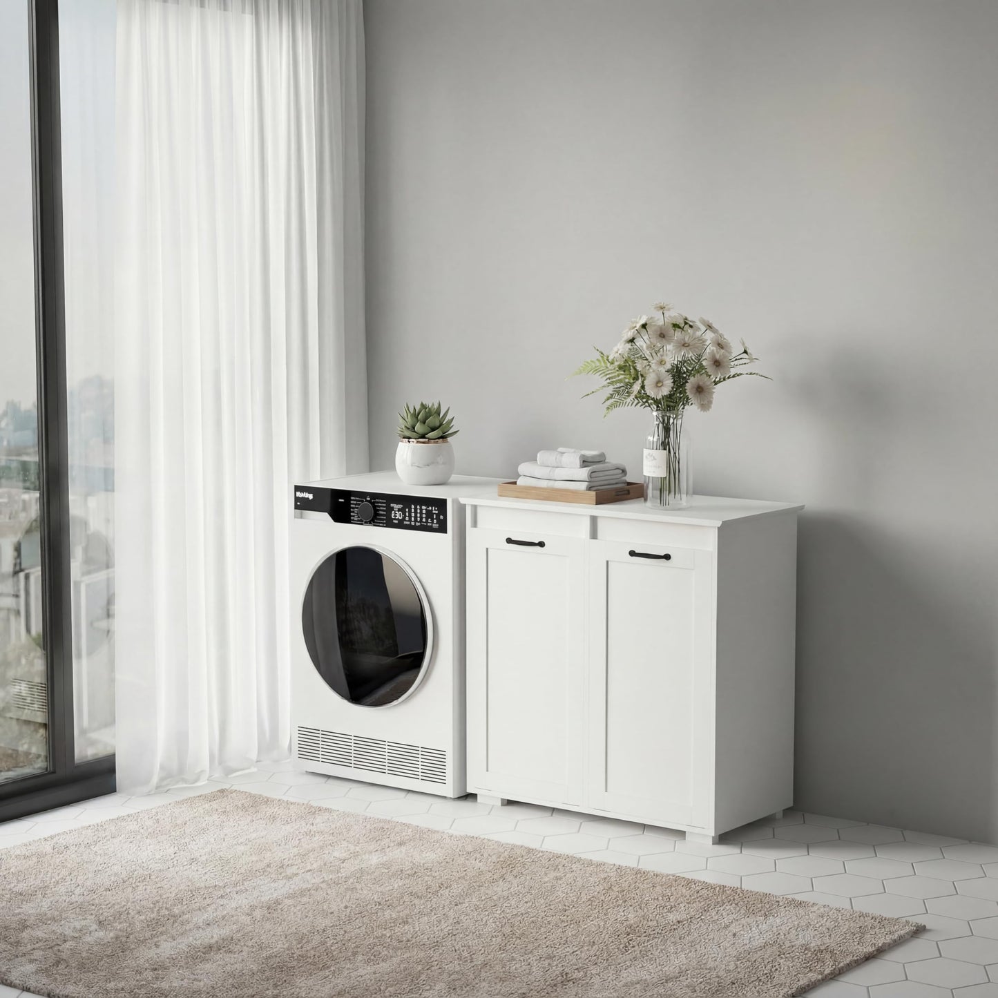 White Laundry Cabinet with 2 Removable Liner Bags, Particle Board and MDF, 31.5 x 15.75 x 30.31 Inches, Dual Compartment Hamper Sorter