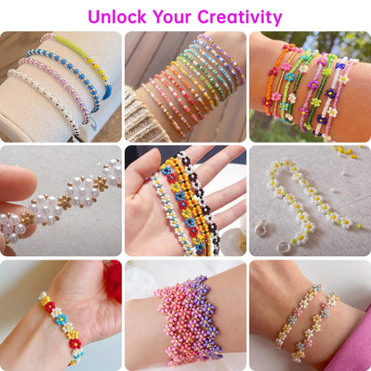 Redtwo 3mm 44500pcs Glass Seed Beads Kit, 7 Boxes 144 Colors Small Beads for Bracelets, Friendship Bracelet Kit with Charms and Letters