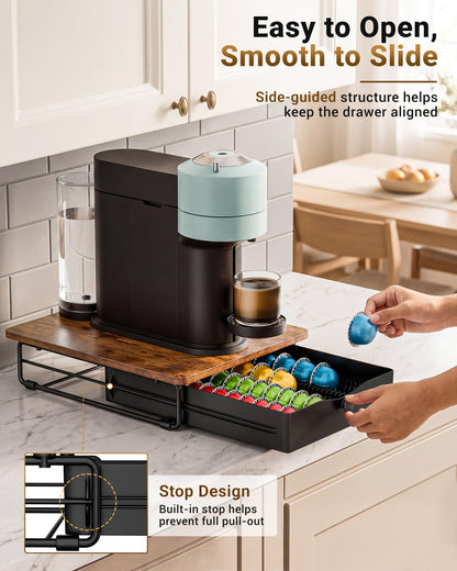 EVERIE Coffee Pod Holder Drawer, Compatible with Nespresso Vertuo Capsules, Holds 40 Large or 52 Small Pods, Flexible Slots for 4 Capsule Sizes, Rustic Brown Countertop Organizer, 15.6" Dx13 Wx3.7 H