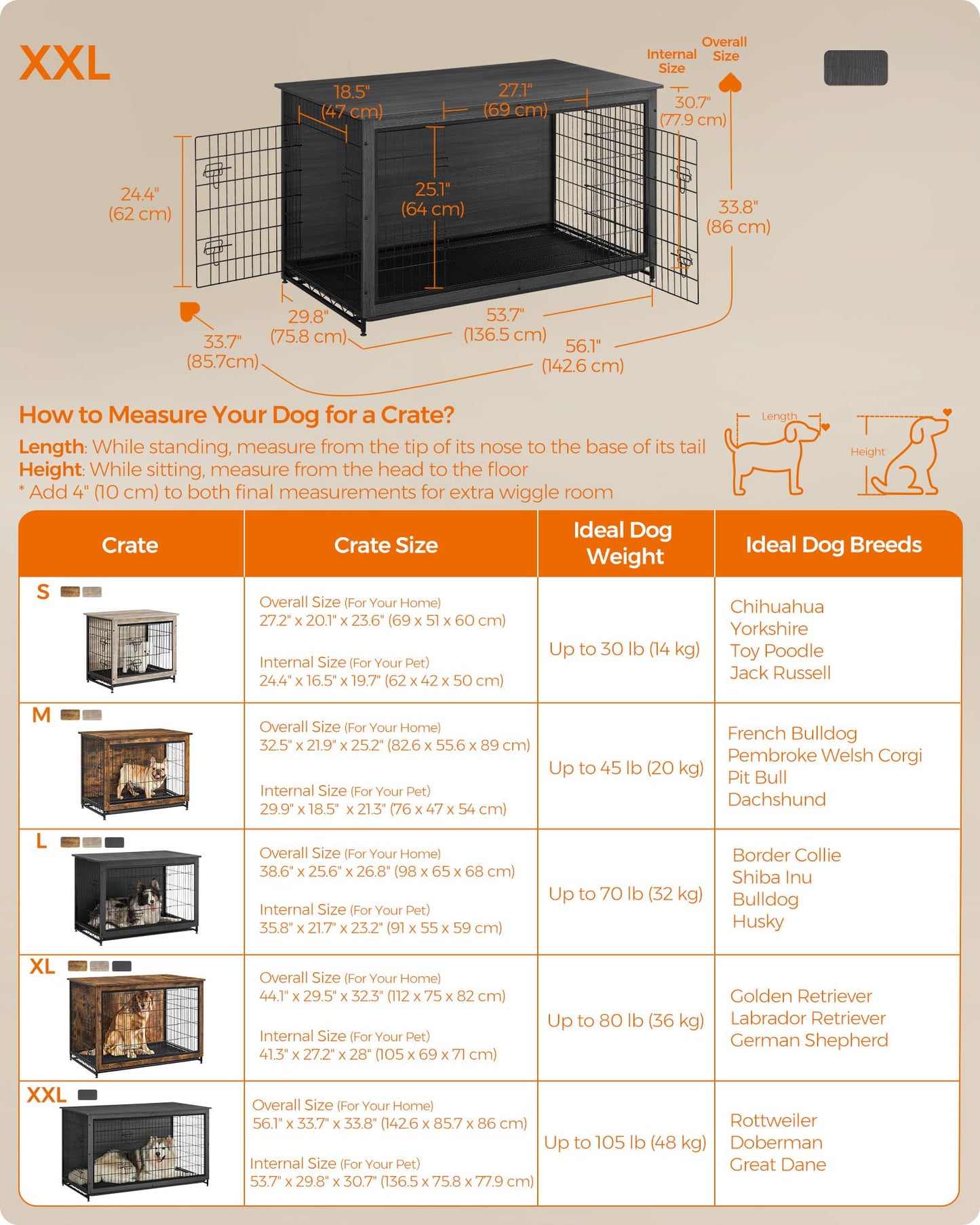 Feandrea 56.1" Dog Crate Furniture, Indoor Dog Cage Side End Table, XXL Pet Wood Kennel for Large and Medium Dogs up to 105 lb with Multi-Purpose Removable Tray, Double-Door Pet House, Ink Black