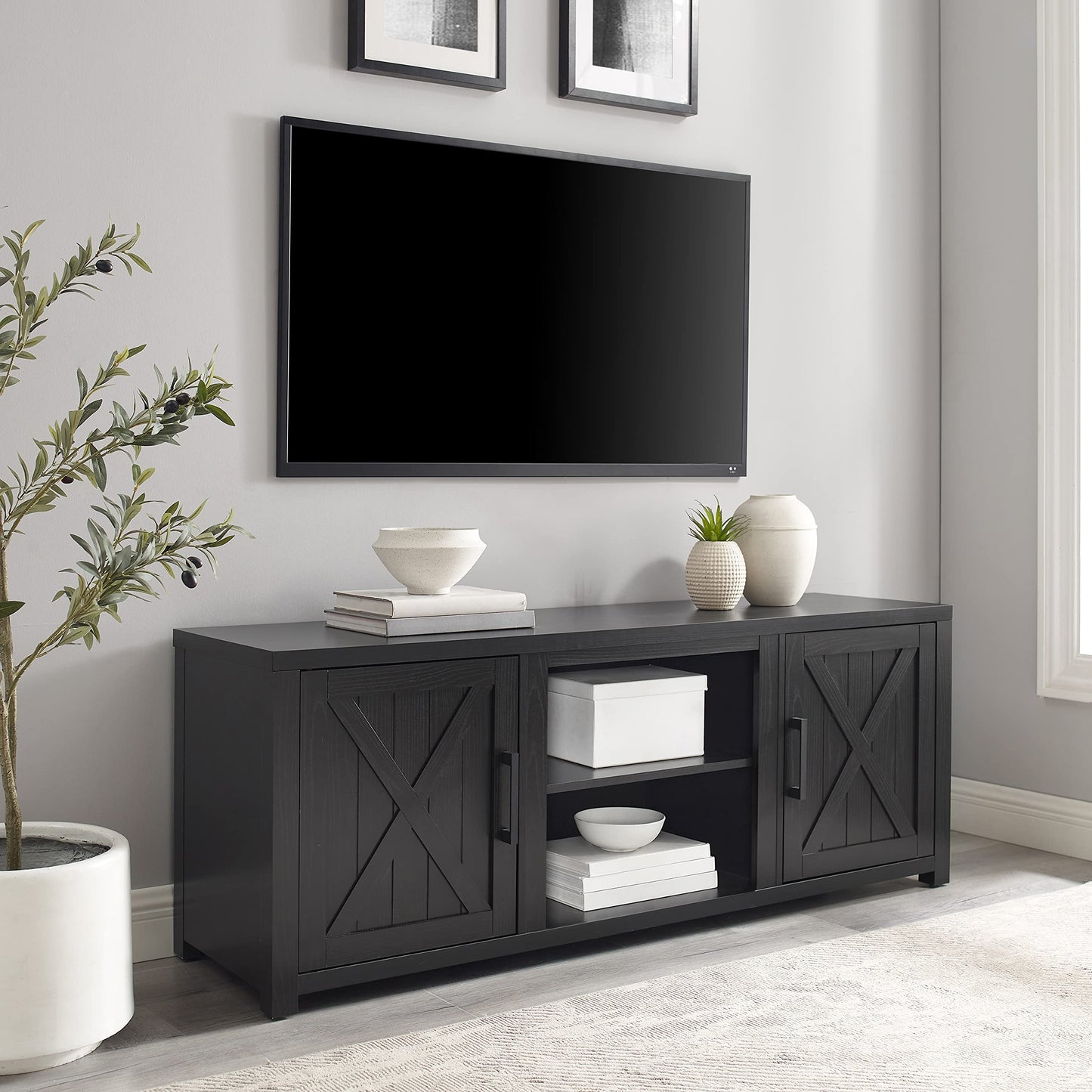 Crosley Furniture Gordon Low Profile TV Stand for 65+ inch TVs, Entertainment Center with Storage Shelves, Black