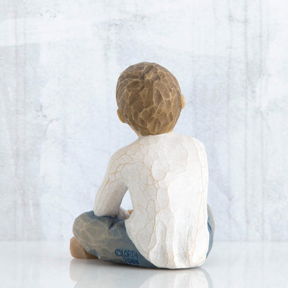 Willow Tree Imaginative Child, Nurtured by Your Loving Care, Seated Boy Figure in Blue Jeans