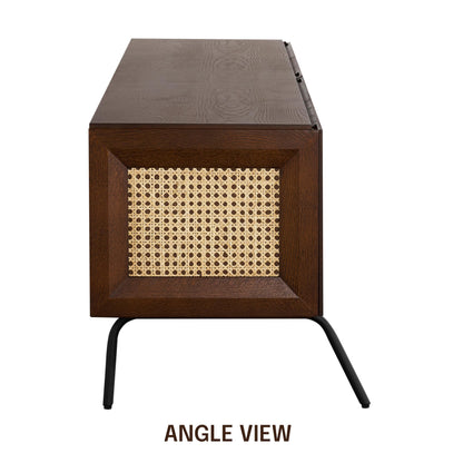NTC Mossic TV Media Cabinet with 4 Doors for TVs, Entertainment Center with Natural Rattan, Metal Legs, Modern Storage Console for Living Room and Bedroom, Effortless Assembly, Dark Walnut