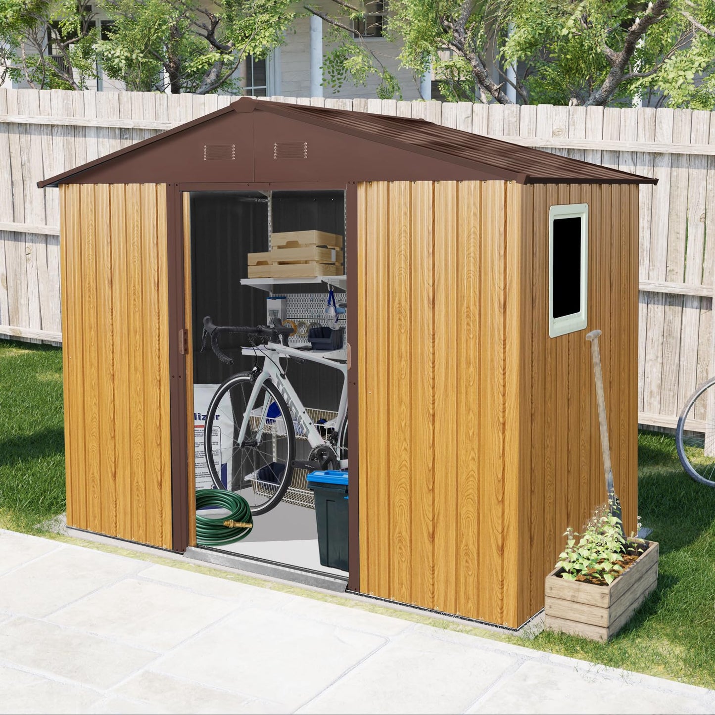 Ball & Cast 8x4 FT Outdoor Metal Storage Shed,Waterproof Garden Organizer Tool House with Window and Foundation,Shelter Cabinet w/Vents & Sliding Door,for Patio,Lawn,Backyard,Coffee