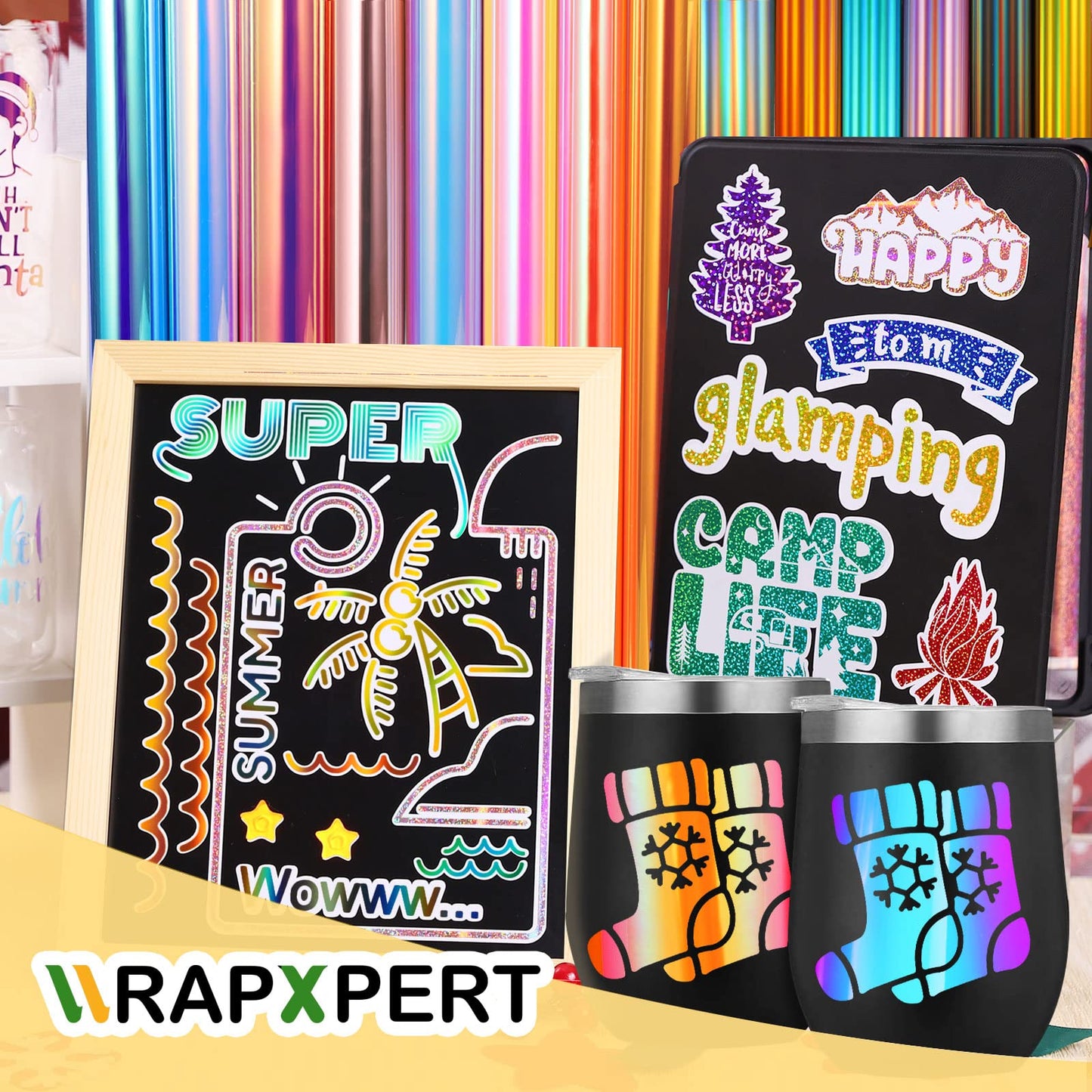 WRAPXPERT Holographic Permanent Vinyl Adhesive 35 Sheets Bundle-24 Vinyl Sheets 12"x12" & 6 Grid Transfer Paper & 5 Vinyl Layer Ppaer Compatible with All Crafters